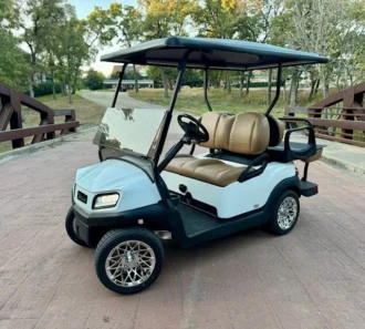 2020 Club Car Tempo White electric golf cart with Camello Brown seating