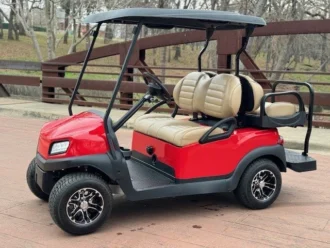 2022 Club Car Tempo Rally Red electric golf cart with Beige seating