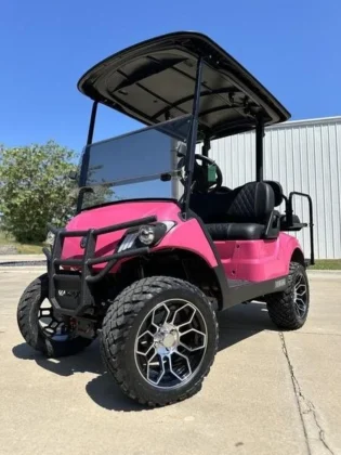 2021 Yamaha Drive2 EFI Quietech Pink lifted gas golf cart