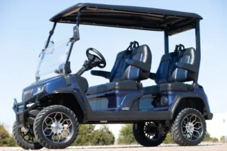 Evolution D5 Maverick 4 Plus Mediterranean Blue lifted four-passenger lithium golf cart