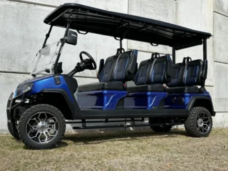 Evolution D5 Maverick 6 Plus Mediterranean Blue lifted six-passenger lithium golf cart
