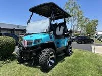 2025 Evolution D5 Maverick 2+2 Sky Blue lithium golf cart with custom White rims
