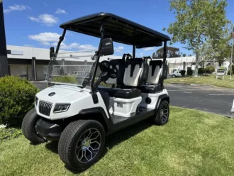 2025 Evolution D5 Ranger 4 Portimao Blue lithium golf cart with custom high-back seats, SKU EMT-25524