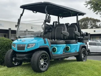 2025 Evolution D5 Ranger 4+2 Plus Sky Blue lithium golf cart with custom grey seats, SKU EMT-25630