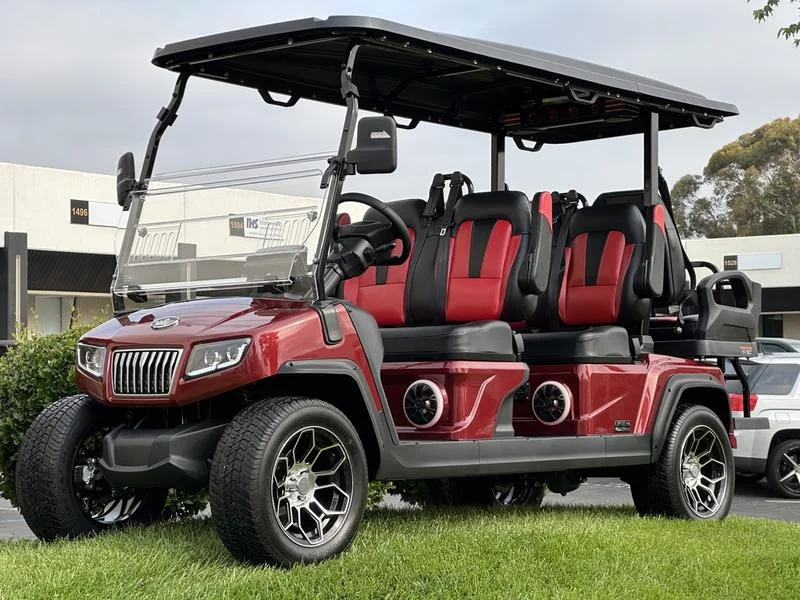 EMT-25631-001-BC11FF33-92AD-4C0B-89BE-A9ADB7963E09.webp 2025 Evolution D5 Ranger 4+2 Plus Flamenco Red lithium golf cart, SKU EMT-25631