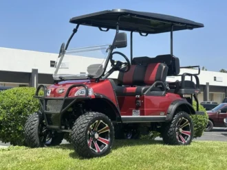 2025 Evolution Forester 4 Plus Flamenco Red lifted lithium golf cart, SKU EMT-25742