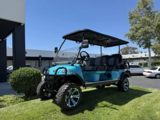 2025 Evolution Forester 6 Plus Sky Blue lifted lithium golf cart with custom seats, SKU EMT-25815