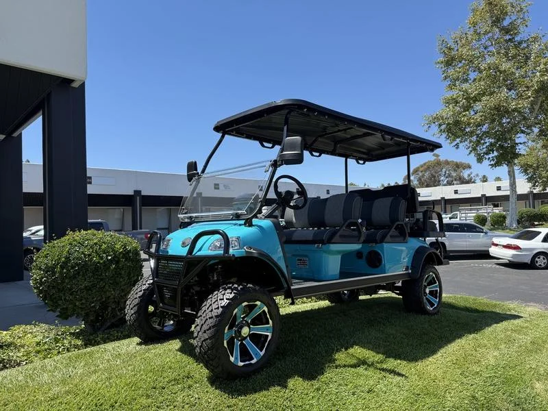 EMT-25815-001-04AF6299-C1B9-49E5-95B7-6AB272848554.webp 2025 Evolution Forester 6 Plus Sky Blue lifted lithium golf cart with custom seats, SKU EMT-25815