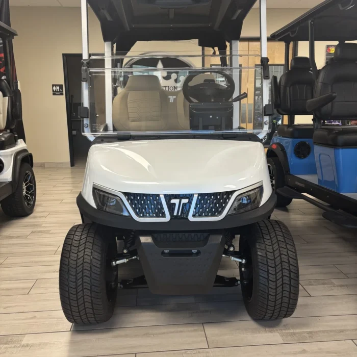 Custom 2025 Tara white lithium golf cart with 10.1-inch touchscreen, SKU EMT-9377