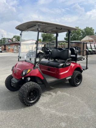 2018 Yamaha Drive2 48V lifted electric golf cart in Garnet Burgundy with 3-inch lift