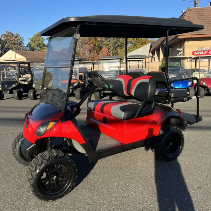 2018 Yamaha Drive2 48V custom lifted electric golf cart with Red and Black Fade
