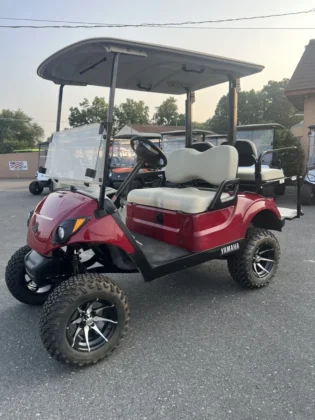 2018 Yamaha Drive2 electric golf cart in Garnet Burgundy with 6-inch lift