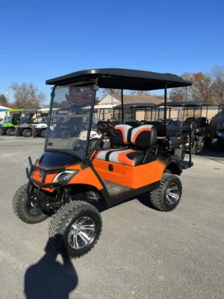 2018 Yamaha Drive2 electric golf cart with Orange and Black Fade and 6-inch lift