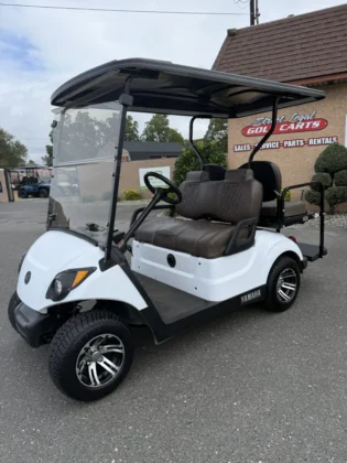 2017 Yamaha Drive2 custom electric golf cart in Glacier White with premium Tobacco Brown seats