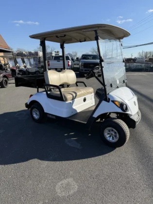 2017 Yamaha Drive2 48V Electric utility golf cart in Glacier White with steel rear utility bin