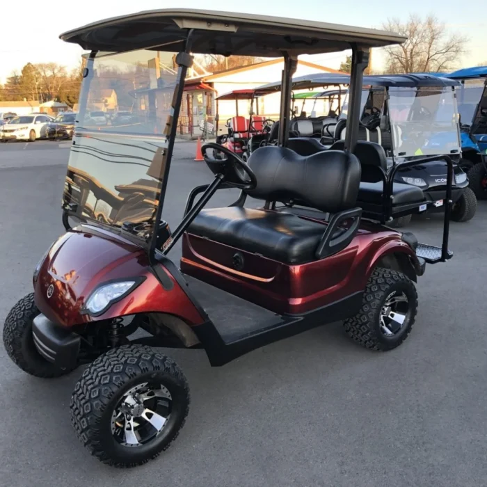 YD3BGFLMBLK-001-IMG_4831-scaled-1.webp 2016 Yamaha Drive lifted electric golf cart in Burgundy Flake Metallic
