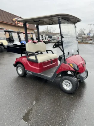 2018 Yamaha Drive2 48V Electric utility golf cart in Garnet Burgundy with steel rear utility bin