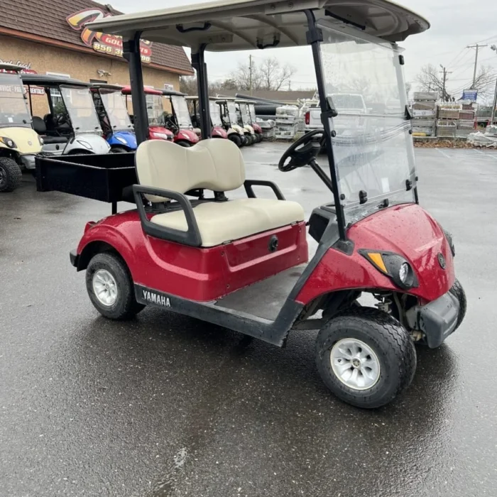 2018 Yamaha Drive2 48V Electric utility golf cart in Garnet Burgundy with steel rear utility bin